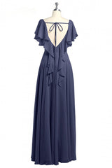 Bridesmaid Dress Style, Navy Blue V-Neck Backless Ruffled A-Line Long Dress