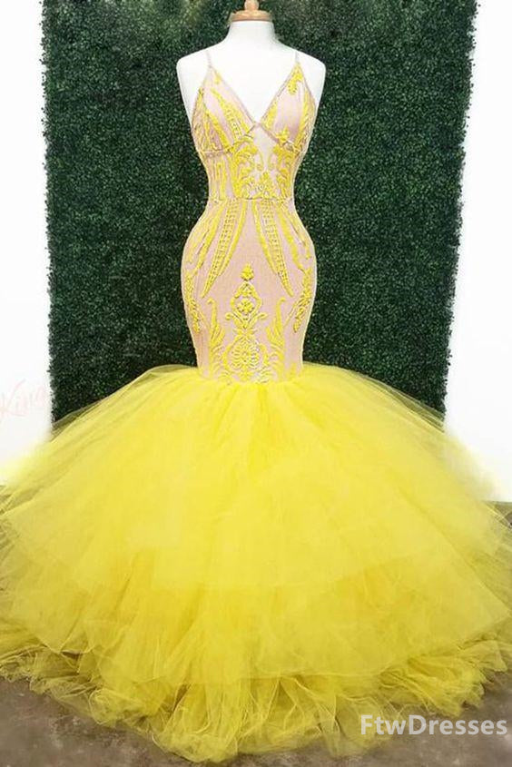Evening Dresses Boutique, yellow sexy prom dresses with deep v neck lace appliques mermaid evening gowns