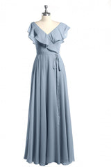 Evening Dress Sleeves, Dusty Blue V-Neck Backless Ruffled A-Line Long Bridesmaid Dress
