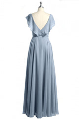Evening Dress Sleeve, Dusty Blue V-Neck Backless Ruffled A-Line Long Bridesmaid Dress