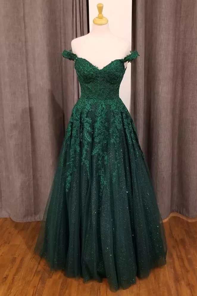 Party Dress Indian, Hunter Green Floral Appliques Off-the-Shoulder A-Line Prom Gown