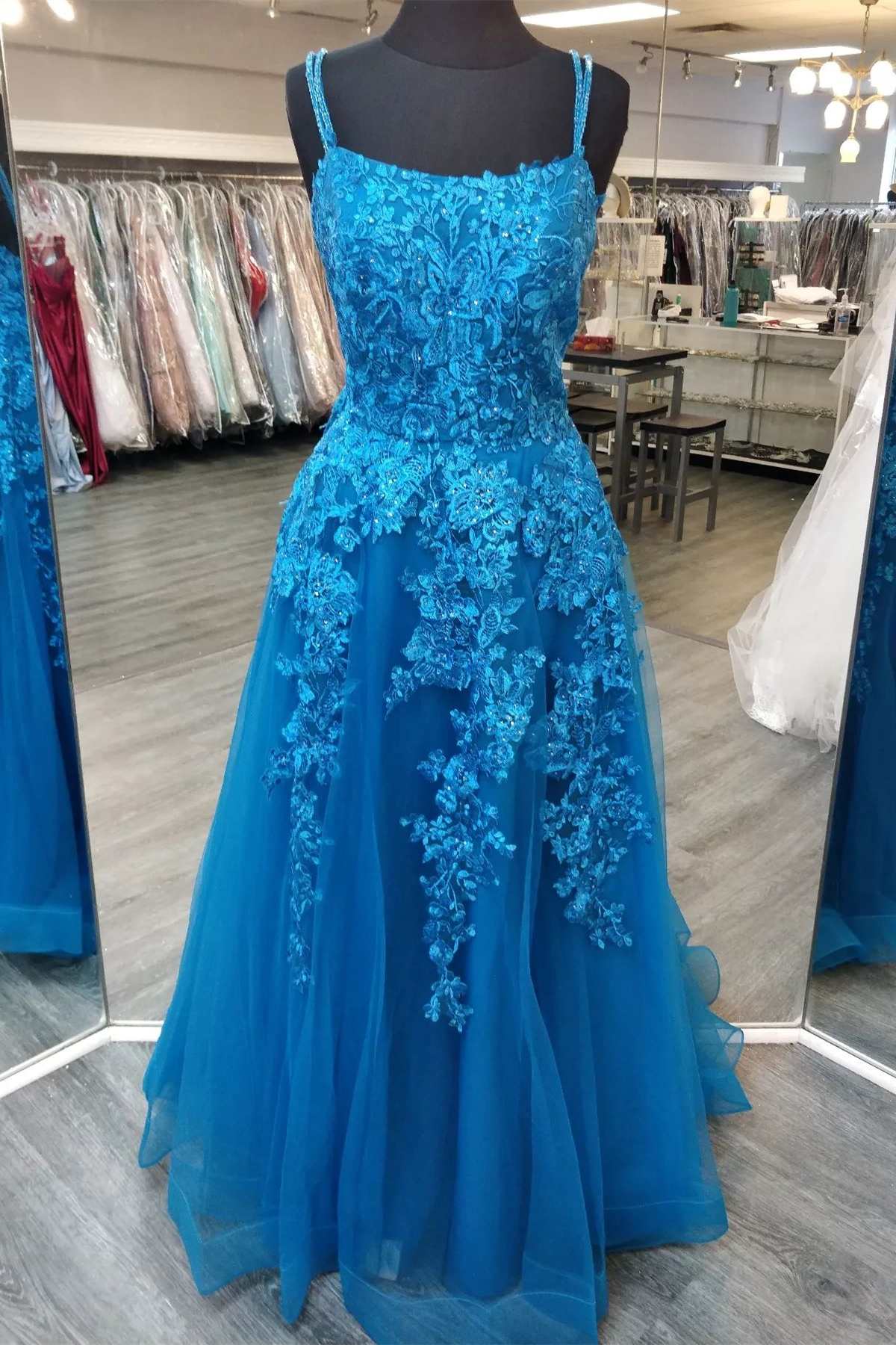 Prom Dress Different, Blue Floral Appliques Straps A-Line Prom Gown