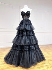Formal Dress Modest, Black Sweetheart Neck Tulle Lace Long Prom Dress, Black Formal Evening Dress