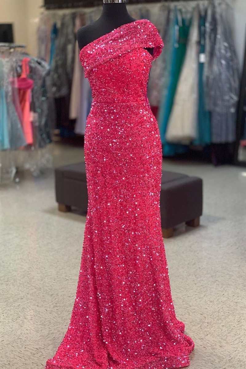 Classy Outfit, Hot Pink Sequin One-Shoulder Mermaid Long Prom Dress
