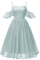 Homecoming Dresses Fashion Outfits, Off the Shoulder Lace Over Chiffon Sage Green Party Dress