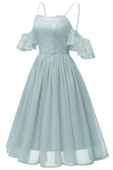 Homecoming Dresses Pretty, Off the Shoulder Lace Over Chiffon Sage Green Party Dress