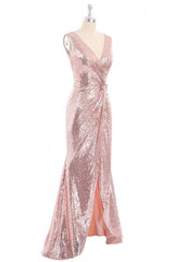 Evening Dresses Mermaid, Rose Gold Sequin V-neck Long Formal Dress with Slit
