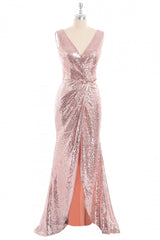 Evening Dress Short, Rose Gold Sequin V-neck Long Formal Dress with Slit