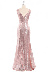 Evening Dress Lace, Rose Gold Sequin V-neck Long Formal Dress with Slit