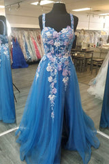Prom Dress For Girl, Blue Sweetheart A-Line Prom Gown with Floral Appliques