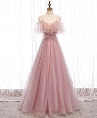 Party Dress Dresses, Pink Sweetheart Tulle Long Prom Dress, Pink Tulle Formal Dress, 1