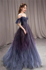 Prom Dresses Designs, A-line Dark Purple Ombre Tulle Evening Party Dresses Long Prom Dresses