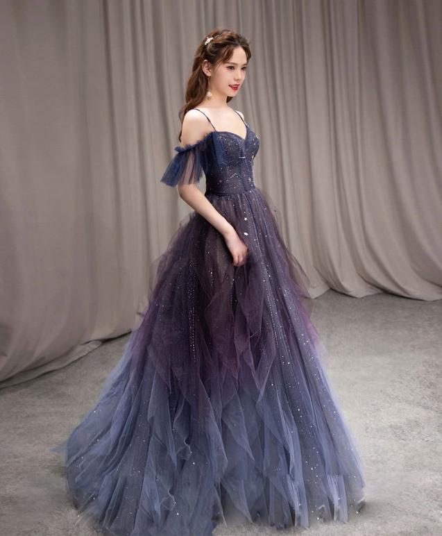 Prom Dress Designs, A-line Dark Purple Ombre Tulle Evening Party Dresses Long Prom Dresses