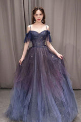 Prom Dresses Designers, A-line Dark Purple Ombre Tulle Evening Party Dresses Long Prom Dresses