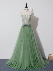 Party Dresses Night, Green Tulle Lace Long Prom Dress, Green Tulle Evening Dress, 3