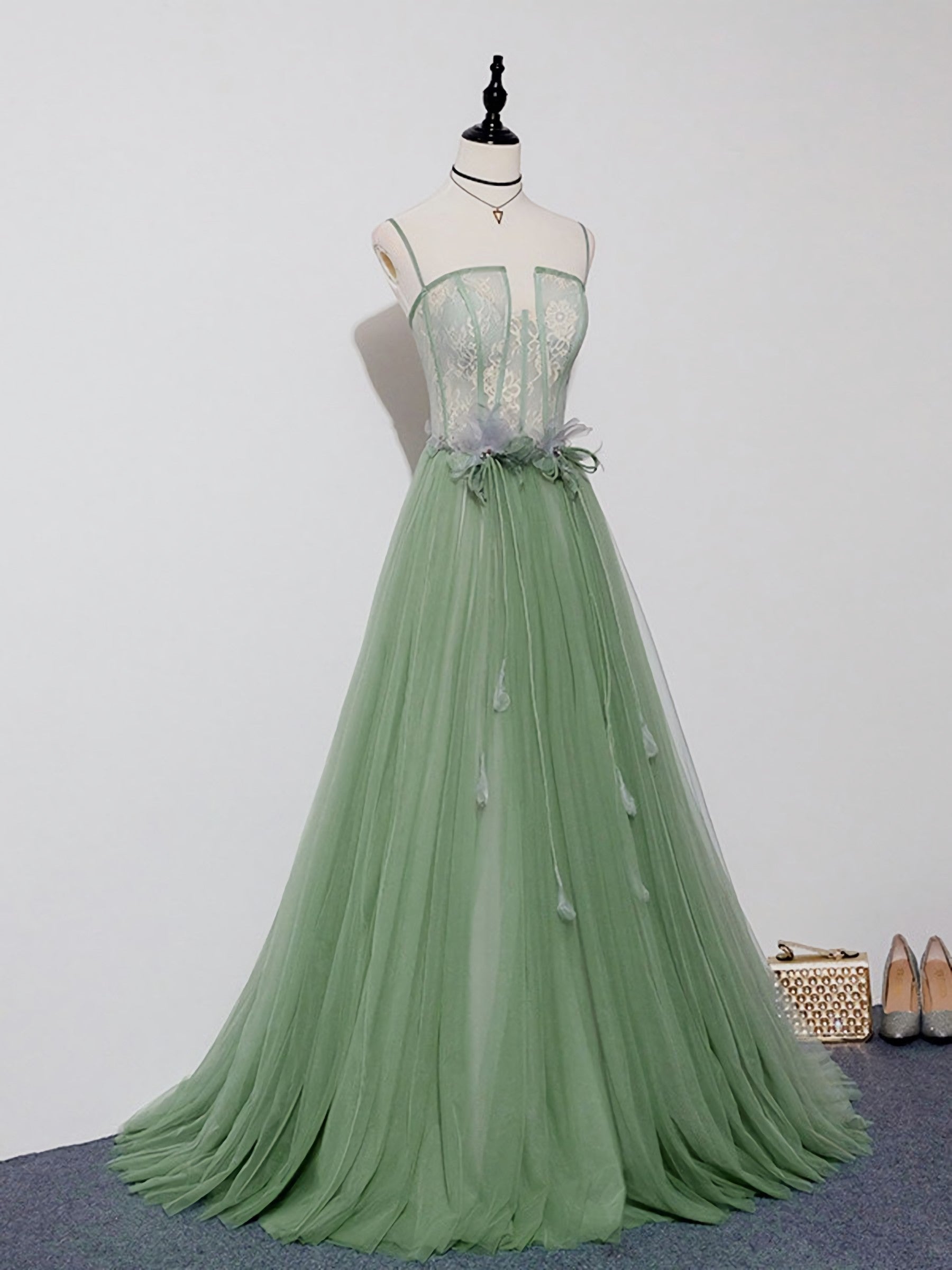 Party Dress Luxury, Green Tulle Lace Long Prom Dress, Green Tulle Evening Dress, 3