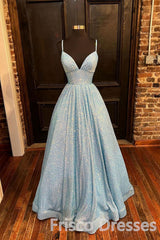 Dress Design, Blue A-Line V-Neck Simple Sequin Formal Evening Dresses Long Prom Dresses