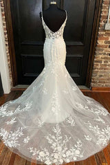 Wedding Dress With Shoes, White Floral Lace Plunge V Mermaid Long Wedding Dress