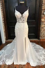 Weddings Dress Online, White Floral Lace Plunge V Mermaid Long Wedding Dress