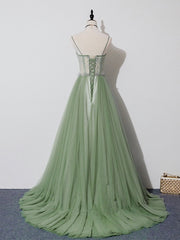Party Dress For Night, Green Tulle Lace Long Prom Dress, Green Tulle Evening Dress, 3