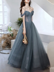 Small Wedding Ideas, A Line Sweetheart Neck Gray Blue Tulle Long Prom Dress, Blue Evening Dress