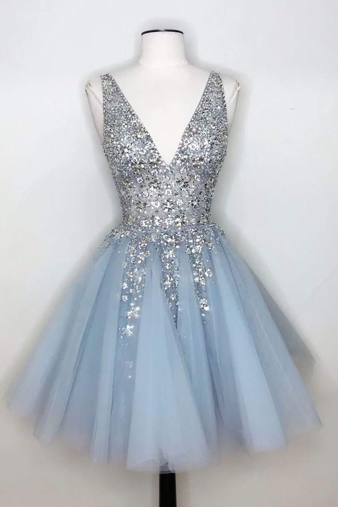 Party Dresses Short Tight, V Neck Light Sky Blue Homecoming Dress With Sequins 5933