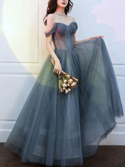 Bachelorette Party, A Line Sweetheart Neck Gray Blue Tulle Long Prom Dress, Blue Evening Dress