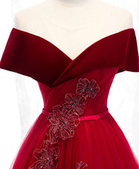 Debutant Dress, Burgundy Tulle Off Shoulder Long Prom Dress, Burgundy Formal Dress