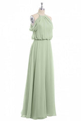 Formal Dress Ballgown, Sage Green Chiffon Halter Blouson-Style Long Bridesmaid Dress