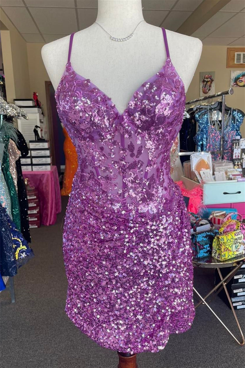 Homecoming Dress Fitted, Purple Straps Sequined Embroidery Sheath Homecoming Dress