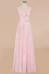 Prom Dresses Shopping, Pink Ruffle Lace-Up A-Line Long Bridesmaid Dress