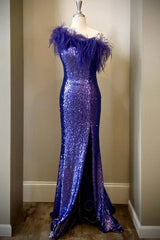 Homecoming Dress Black, Purple Sequin Feather One-Shoulder Long Formal Dress with Slit