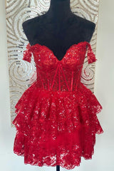 Homecoming Dresses Red, Red Off-the-Shoulder Lace Multi-Layers Appliques Sequins Homecoming Dress