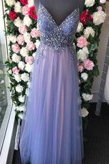 Party Dress Long Sleeve, Straps A-Line Tulle Long Prom Dress with Crystal