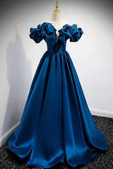 Semi Formal Dress, A-Line Dark Blue Off-the-Shoulder Stain Prom Gown
