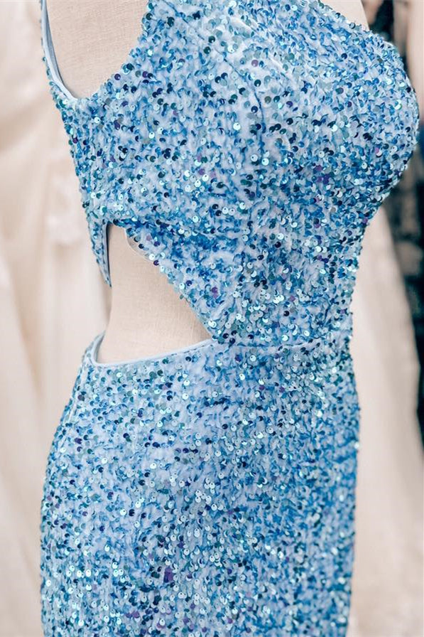 Dinner Dress Classy, Sky Blue One Shoulder Sequins Sheath Cut-Out Homecoming Dress