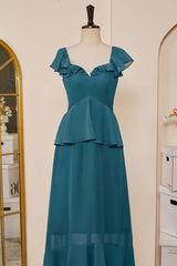 Party Dresses Online Shopping, Teal Flaunt Sleeves A-line Layers Long Bridesmaid Dress