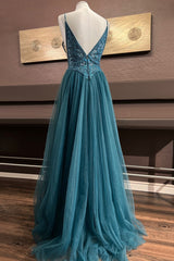 Prom Dress And Boots, Pine A-line Plunging V Neck Appliques Sequins Tulle Long Prom Dress
