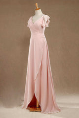 Prom Dress Elegent, Blush Pink V-Neck Ruffled Long Bridesmaid Dress
