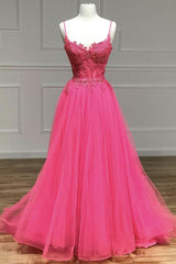 Party Dresses Black And Gold, Hot Pink Floral Spaghetti Straps A-line Long Prom Dress