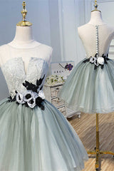 Prom Dress Inspiration, Princess Light Green Flower Sheer Back A-Line Short Party Dress