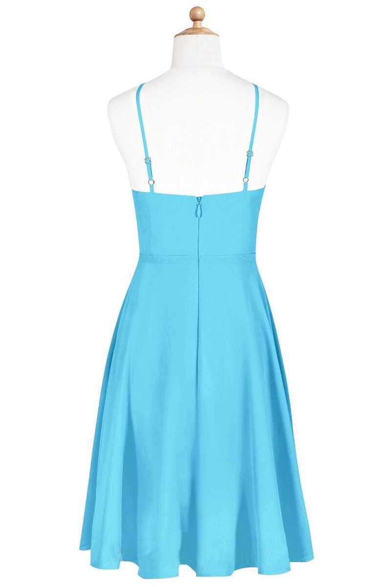 Prom Dress 2029, Pool Blue Chiffon Halter Short Bridesmaid Dress