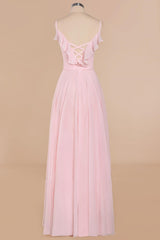 Prom Dress Shops, Pink Ruffle Lace-Up A-Line Long Bridesmaid Dress