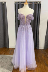 Formal Dresses Summer, Shiny Lavender Sequin Off-the-Shoulder A-Line Prom Gown
