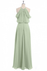Formal Dress Party Wear, Sage Green Chiffon Halter Blouson-Style Long Bridesmaid Dress