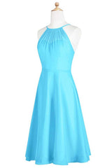Prom Dresses Black, Pool Blue Chiffon Halter Short Bridesmaid Dress
