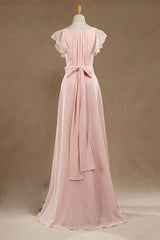 Prom Dresses Elegent, Blush Pink V-Neck Ruffled Long Bridesmaid Dress