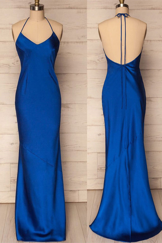 Homecoming Dresses Sparkles, Mermaid Halter Royal Blue Satin Long Prom Gown