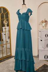 Party Dress Ball, Teal Flaunt Sleeves A-line Layers Long Bridesmaid Dress