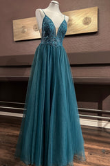 Prom Dress Chiffon, Pine A-line Plunging V Neck Appliques Sequins Tulle Long Prom Dress